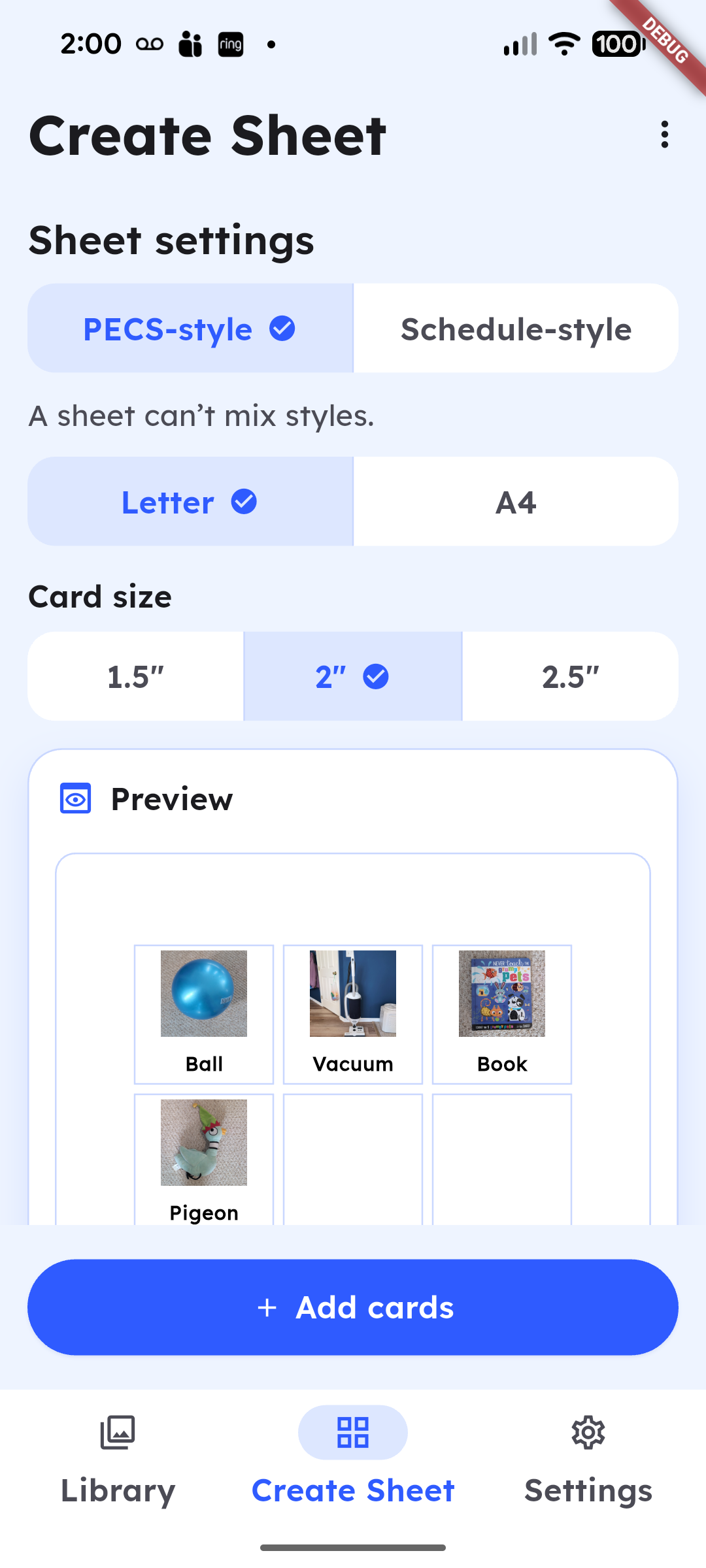 Create sheet screen showing a grid of cards ready to export