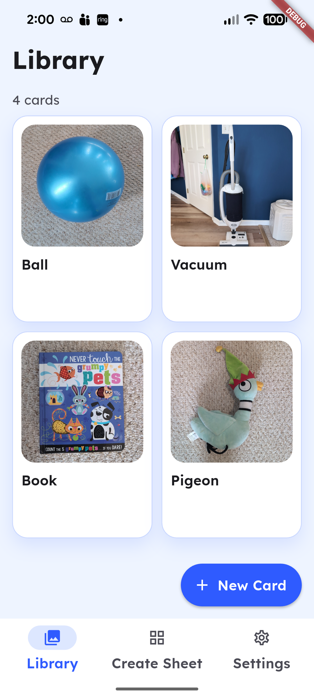 Library view showing communication cards