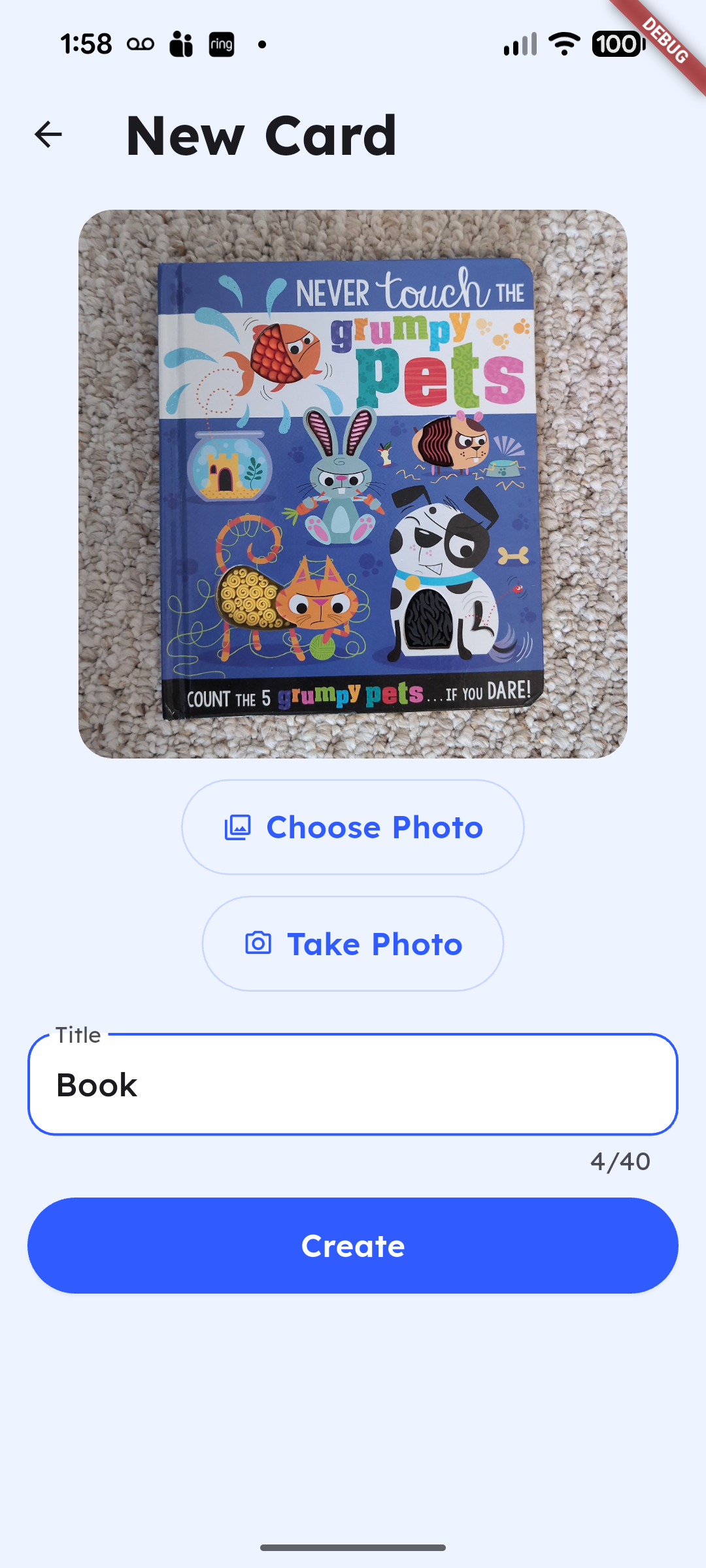 New card screen with photo and label fields